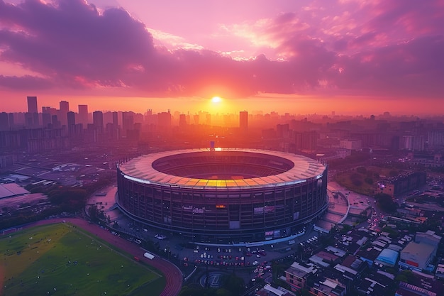 Free photo empty soccer stadium with dreamy fantasy view of sky