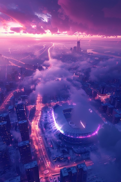 Empty soccer stadium with dreamy fantasy view of sky