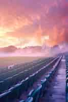 Free photo empty soccer stadium with dreamy fantasy view of sky