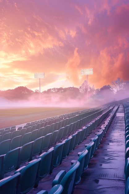 Free Photo empty soccer stadium with dreamy fantasy view of sky