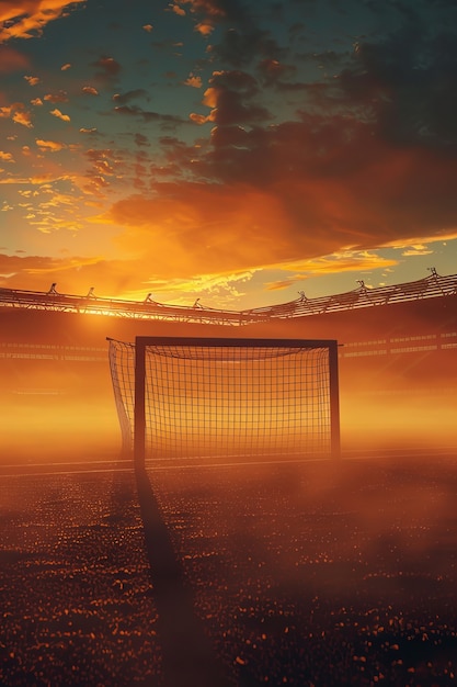 Free photo empty soccer stadium with dreamy fantasy view of sky