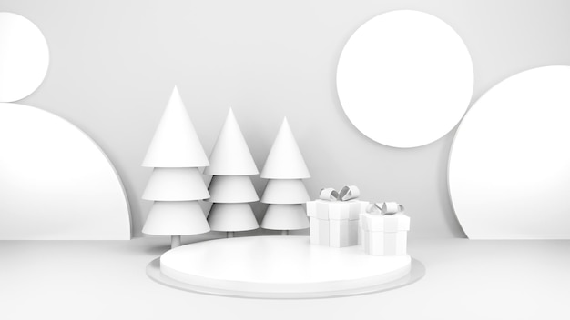 Free photo empty stage with podium and christmas decorations minimal mockup xmas winter scene christmas trees a