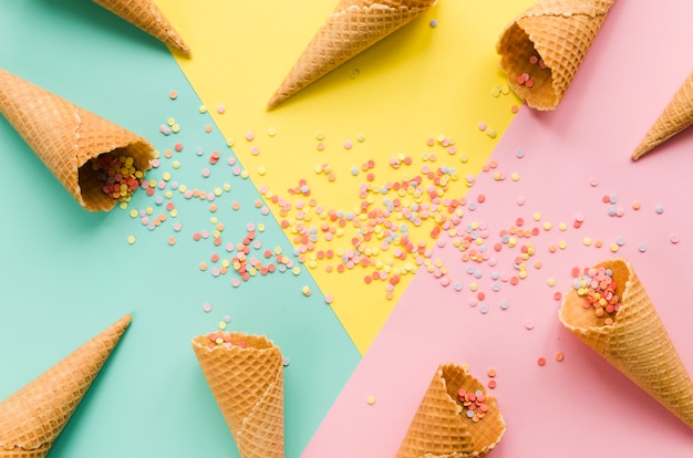 Empty waffle cones with sugar sprinkles 