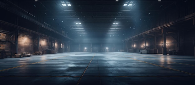 Empty warehouse transformed by striking lighting