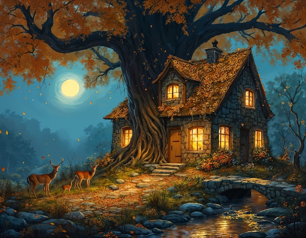 Free photo enchanted autumn home in forest