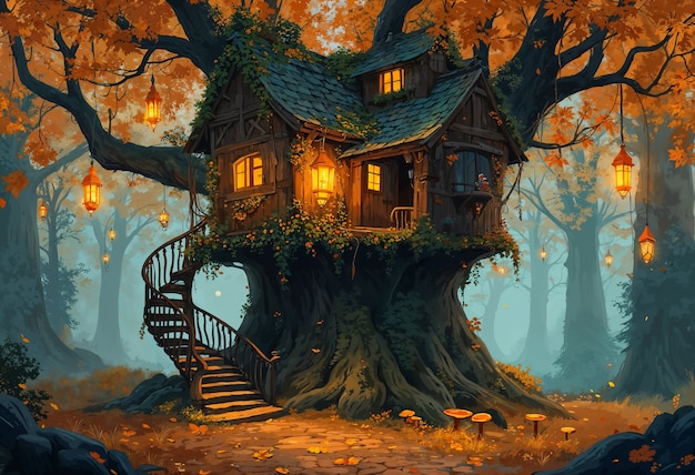 Free Photo enchanted autumn home in forest