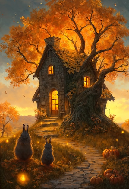 Enchanted autumn home in forest