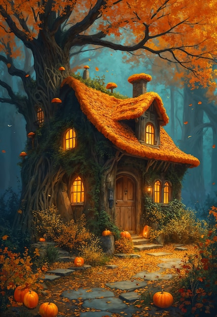 Enchanted autumn home in forest