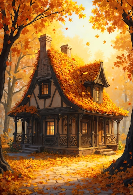 Enchanted autumn home in forest