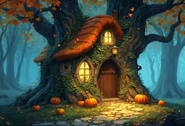 Free Photo enchanted autumn home in forest