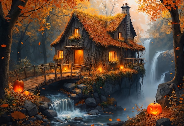 Free photo enchanted autumn home in forest