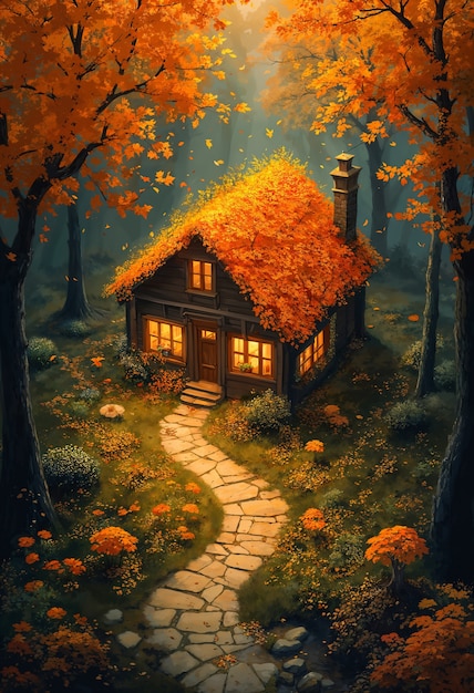 Free photo enchanted autumn home in forest