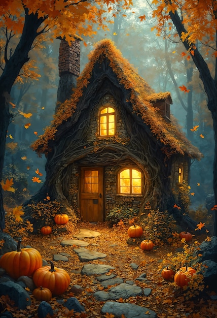 Enchanted autumn home in forest