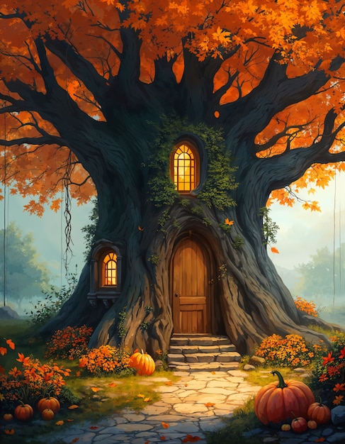 Free photo enchanted autumn home in forest