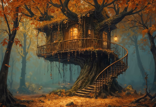 Free Photo enchanted autumn home in forest