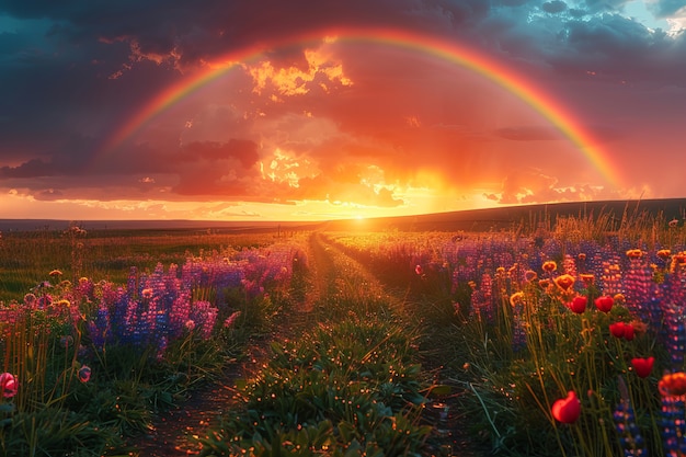 Free photo end of road with beautiful rainbow after rainy weather