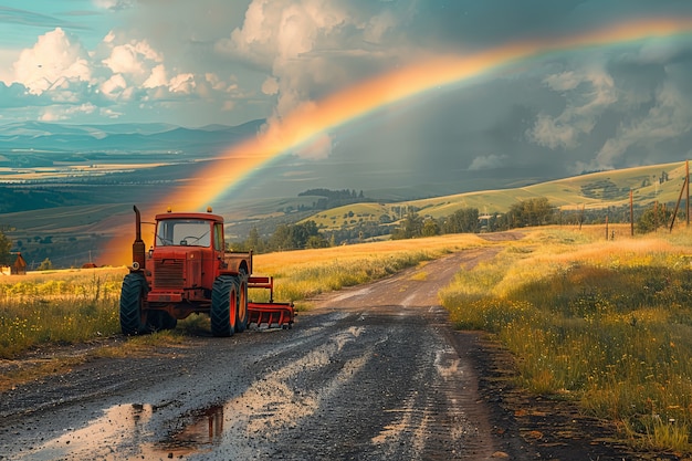 End of road with beautiful rainbow after rainy weather