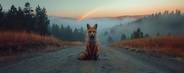 Free Photo end of road with beautiful rainbow after rainy weather