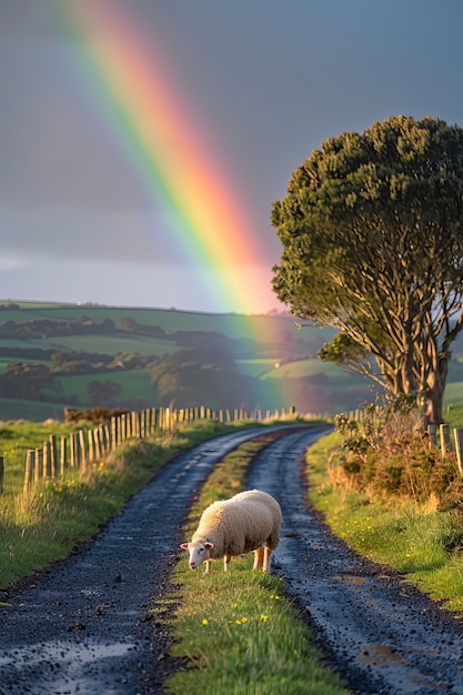 Free photo end of road with beautiful rainbow after rainy weather