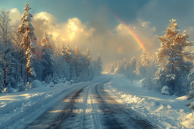 Free photo end of road with beautiful rainbow after rainy weather