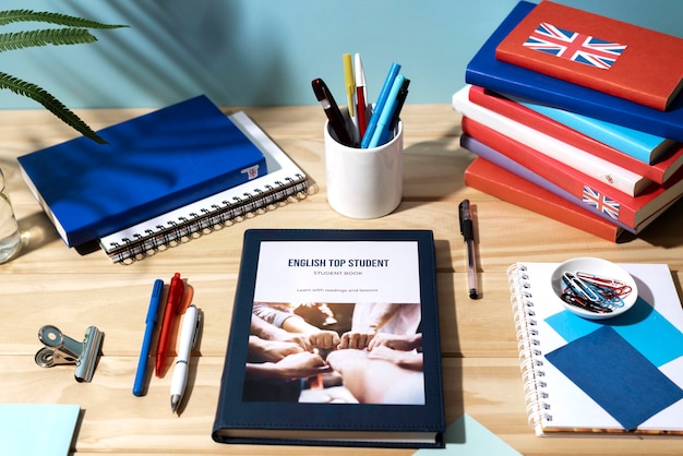 English books stacks on table of working space