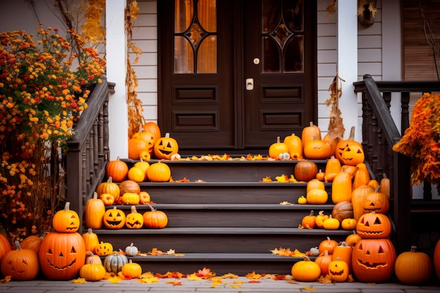 Free photo entrance of a house decorated with pumpkins for thanksgiving