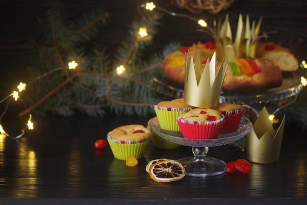 Epiphany day desserts with crowns and lights