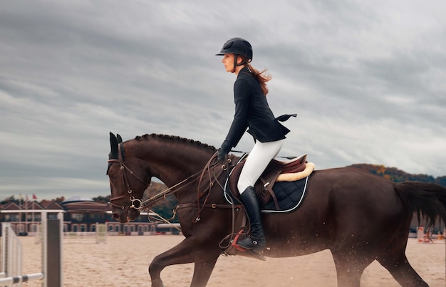 Free Photo equestrian sport young girl rides on horse on championship