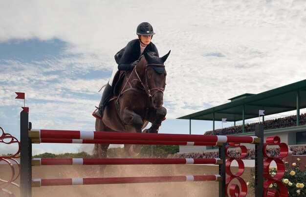 Equestrian sport Young girl rides on horse on championship