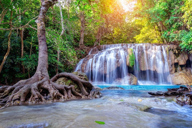 Free Photo erawan waterfall in thailand. beautiful waterfall with emerald pool in nature.