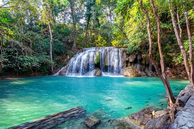 Erawan waterfall in Thailand. Beautiful waterfall with emerald pool in nature.