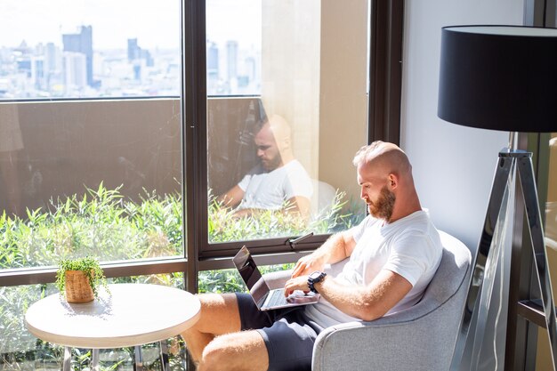 European business man in white shirt does distance work