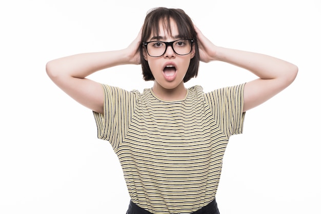 Excited of joy. Teen girl feeling ecstatic of surprise shouting isolated