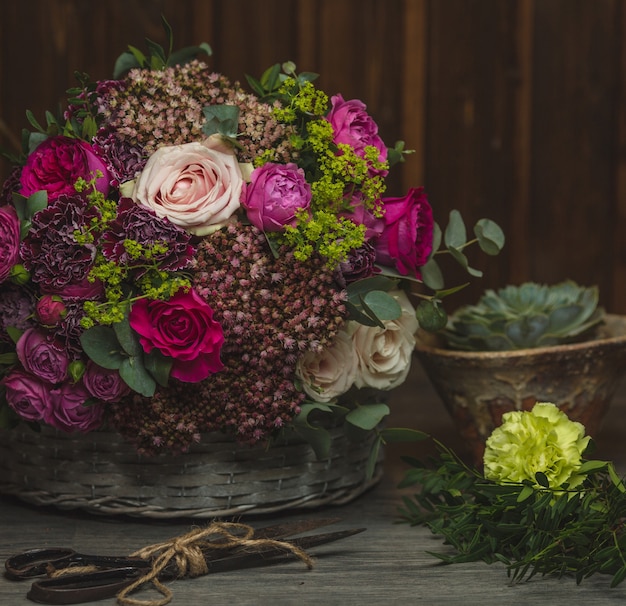 An exotic, yet rustic bunch of flowers in mixed colors