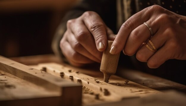 Expert carpenter hand skillfully carves wood for homemade craft product generated by AI