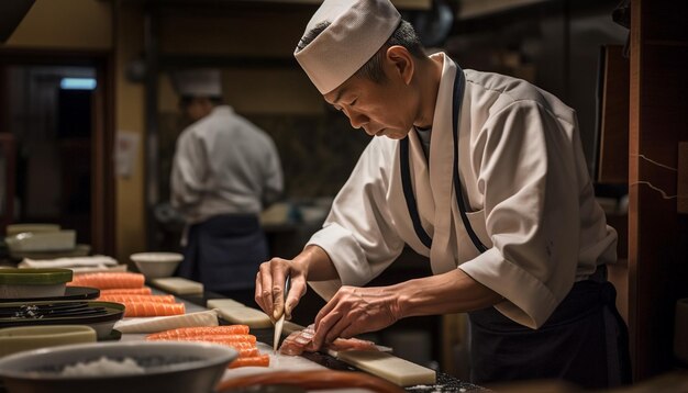 Expert male chef crafting fresh meal indoors generated by AI