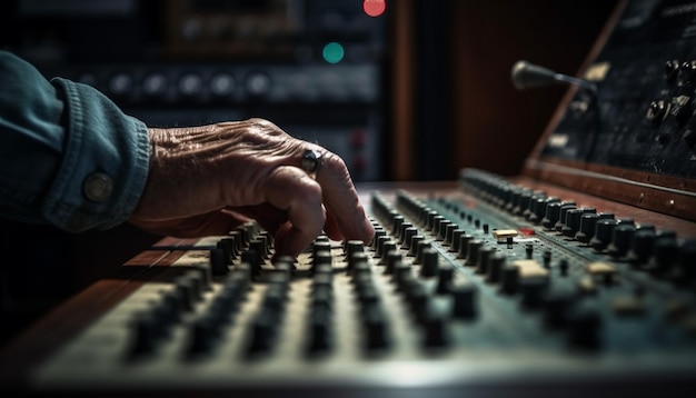 Free photo expert sound engineer adjusting mixer knobs at night generated by ai