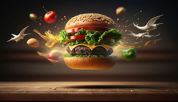 Free photo exploding burger with vegetables and melted cheese on black background generative ai