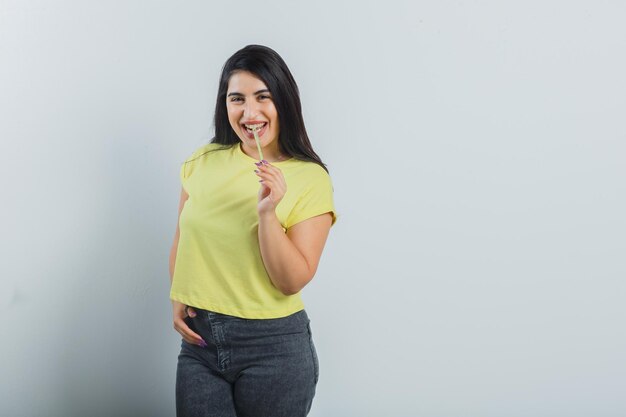 Expressive young girl posing in the studio