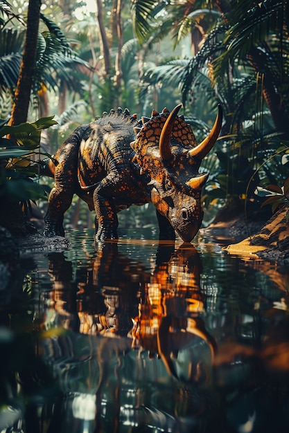 Free photo extinct triceratops dinosaur with natural habitat