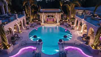 Free photo an extravagant pool party at a luxurious mansion complete with vip cabanas and a dj booth