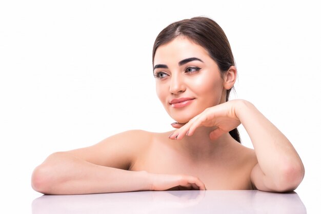 Face of attractive young and healthy woman with nude makeup. skincare and cosmetology concept