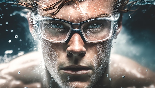 Free photo the face of a man in goggles under water generative al