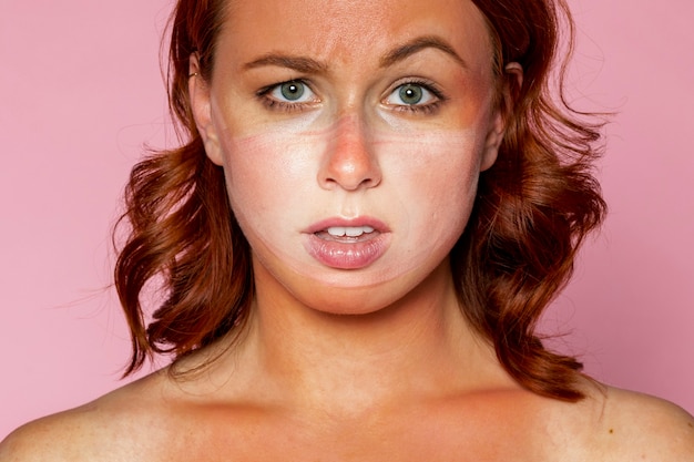 Free Photo face mask tan line on an upset woman