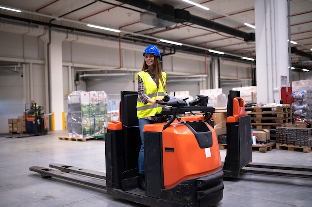 Free Photo factory worker in protective suit with hardhat driving forklift