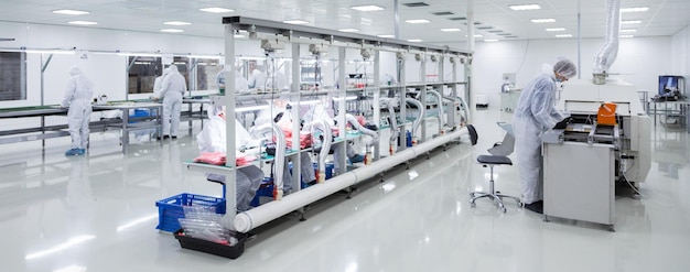 Free Photo factory workers in white lab suits and black latex gloves working with some modern equipment in a very clean room panoramic picture