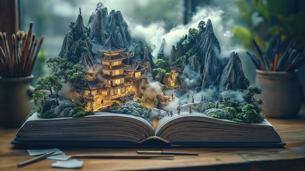 Fairytale scene coming out of a book