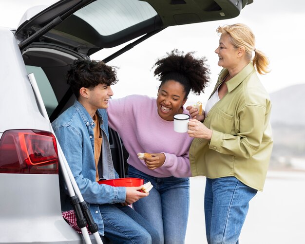 Family enjoying a stop on their road trip