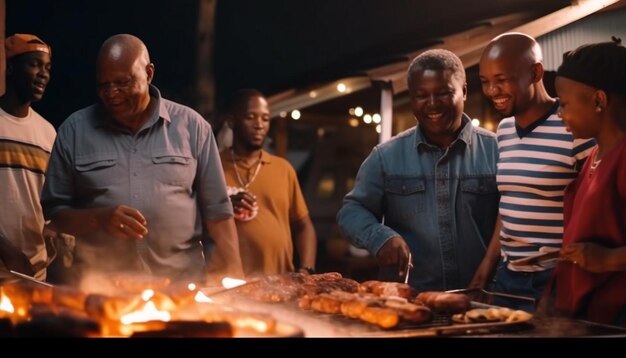 Family enjoys grilling meat outdoors bonding together generated by AI