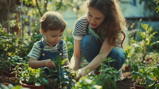 Family in the garden planting vegetation together